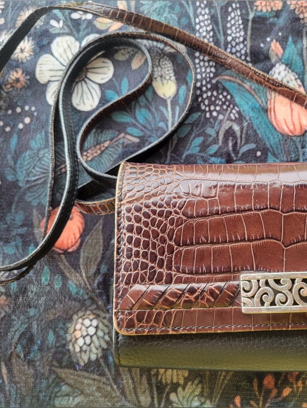 BRIGHTON Vintage DECO LACE Black & Brown Large Wallet Crossbody Purse Leather